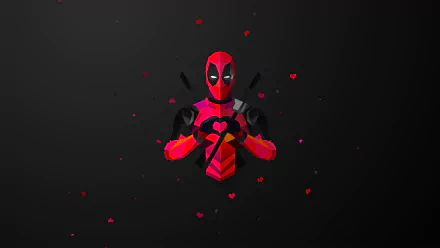 HD PC desktop wallpaper featuring a polygon-style Deadpool making a heart shape with his hands against a dark background with small red accents.