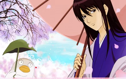 A serene anime scene from Gintama featuring a character with long hair under a parasol, accompanied by a whimsical bird, surrounded by cherry blossoms in a pastel sky.