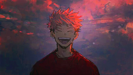 HD desktop wallpaper featuring Yuji Itadori from the anime Jujutsu Kaisen, showcasing him smiling against a vibrant, colorful sky background.