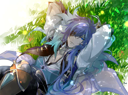 Kaeya (Genshin Impact) reclining in sunlit grass, eyes closed and smiling — 2K Quad HD PC desktop wallpaper and video game background.