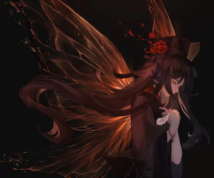A stunning HD desktop wallpaper featuring Hu Tao from the video game Genshin Impact, showcasing her ethereal design with flowing hair and vibrant wings against a dark background.