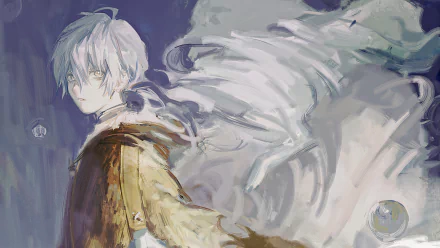 4K Ultra HD anime wallpaper featuring Fushi from To Your Eternity, showcasing his ethereal, flowing white hair and mystical aura against a soft, painterly background.