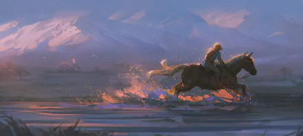 Link from The Legend of Zelda: Breath of the Wild rides a horse across a reflective water surface with mountains in the background in this HD PC desktop wallpaper.