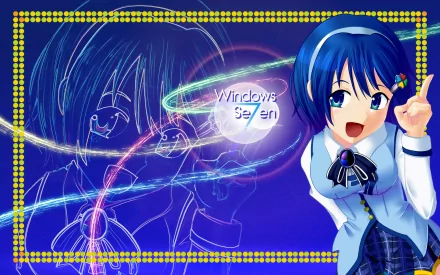 Anime-style Os-tan character featured in a vibrant HD PC desktop wallpaper with dynamic light effects and a Windows 7 logo accent, framed by a dotted border.