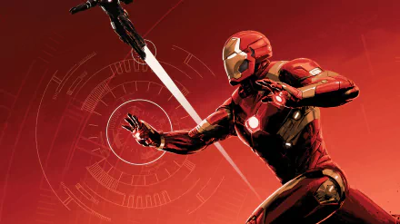 HD PC desktop wallpaper featuring Iron Man in action from the movie Captain America: Civil War, set against a vibrant red background with tech-inspired graphics.