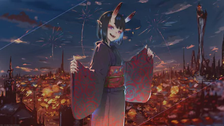 Shuten Dōji (Fate/Grand Order) anime character in a kimono with horns, smiling amid fireworks above a lantern-lit city — 4K Ultra HD PC desktop wallpaper/background.