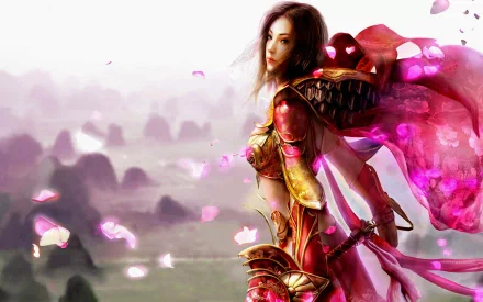 A beautifully detailed HD wallpaper featuring a warrior in ornate armor holding a sword, with a flowing silk cloak surrounded by blossoms. Inspired by the video game Legend Of Mir.
