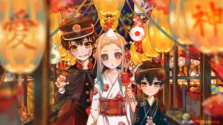 HD anime desktop wallpaper featuring Yugi Tsukasa and Yashiro Nene from Toilet-bound Hanako-kun, surrounded by glowing lanterns in a vibrant festival setting.