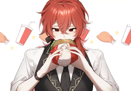 Diluc (Genshin Impact) eating a burger, surrounded by drinks and chicken legs — 2K Quad HD PC desktop wallpaper/background, video game artwork.