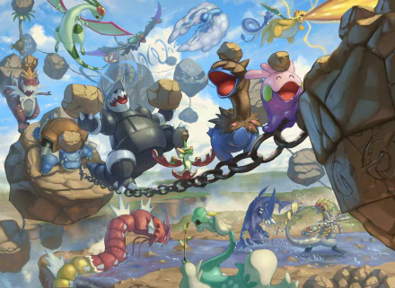 HD PC desktop wallpaper featuring Exeggutor, Blastoise, Altaria, Gyarados, Dragonite, and Dragonair from the Pokémon video game series in a dynamic, fantasy landscape.