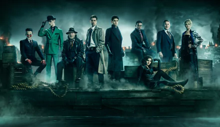 4K Ultra HD desktop wallpaper featuring the main characters from Gotham TV Show standing and sitting on a dock against a moody, foggy cityscape background.