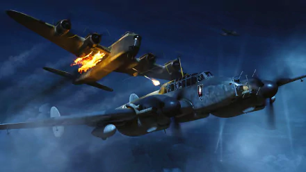 HD wallpaper depicting a Luftwaffe Messerschmitt Bf 110 warplane in night combat, with another aircraft trailing flames in the background.