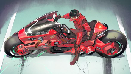 Anime (Akira): red-clad rider atop a glossy futuristic red motorcycle in a cracked concrete bay — high-detail 4K Ultra HD PC desktop wallpaper and background.
