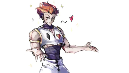 HD PC desktop wallpaper/background featuring Hisoka (Hunter × Hunter), a stylized anime portrait with a mischievous smile, hearts and sparkles, white outfit and outstretched arms.