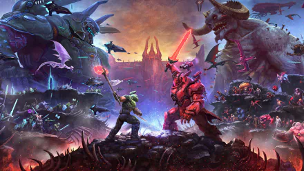 Epic 4K Ultra HD DOOM Eternal battle scene with a warrior facing off against massive demons in a fiery, war-torn landscape from the iconic video game Doom.
