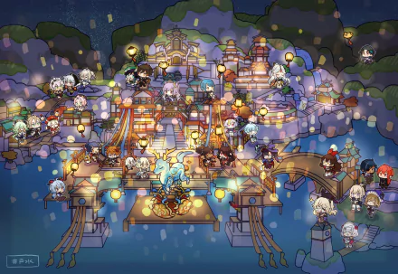 HD desktop wallpaper featuring a vibrant and festive scene from the video game Genshin Impact, showcasing various characters amidst beautifully lit architecture and lanterns.