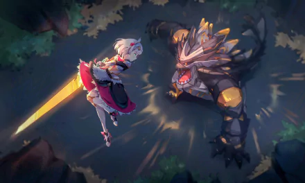 HD desktop wallpaper of Noelle from Genshin Impact, wielding a large sword, in dynamic battle pose against a fierce creature in a forest setting.