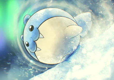 Cute Spheal (Pokémon) anime-style art rolling through snow and aurora light — 2K Quad HD PC desktop wallpaper/background.