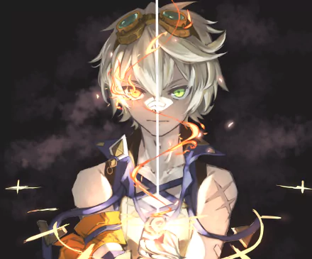 Bennett (Genshin Impact) close-up with grey hair and heterochromia — one green eye, one fiery orange — glowing embers and sigils, 2K Quad HD PC desktop wallpaper.