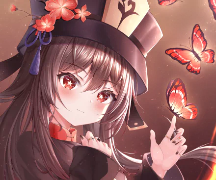 Hu Tao from Genshin Impact is depicted in a vibrant 4K Ultra HD PC desktop wallpaper, surrounded by glowing butterflies in a warm, detailed anime-style scene.