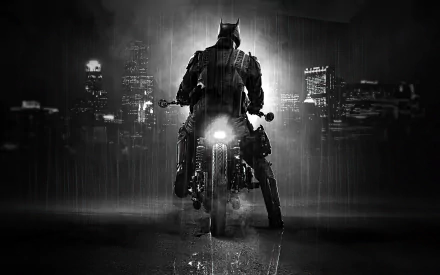 HD desktop wallpaper featuring Batman from the movie The Batman, shown riding a motorcycle against a rainy, dark cityscape backdrop.
