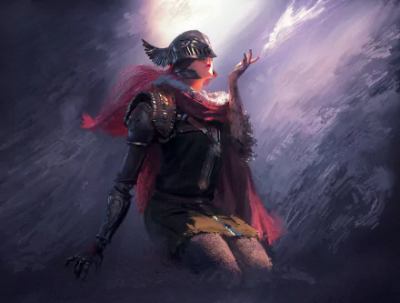 Malenia, Blade of Miquella, from the video game Elden Ring, is depicted in this HD PC wallpaper, showcasing her intricate armor and ethereal presence amidst a mystical backdrop.