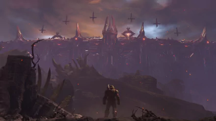 DOOM Eternal video game 4K Ultra HD PC desktop wallpaper: armored Slayer stands on a ruined hellscape, facing a distant fortress beneath a blood-red sky streaked with flying warcraft.