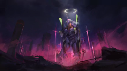 HD anime desktop wallpaper featuring a towering Neon Genesis Evangelion robot with glowing halo and neon accents against a dark, apocalyptic landscape.