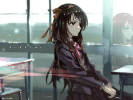 Haruhi Suzumiya from The Melancholy of Haruhi Suzumiya sits contemplatively by a rainy classroom window, soft light on her face — 4K Ultra HD anime PC desktop wallpaper.