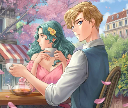 Sailor Uranus (Haruka Tenou) and Sailor Neptune (Michiru Kaiou) share tea on a sunlit terrace — anime Sailor Moon 2K Quad HD PC desktop wallpaper.