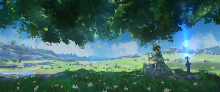 HD desktop wallpaper featuring Venti from Genshin Impact, seated under a tree in a vast, lush green field with flowers, under a bright blue sky.