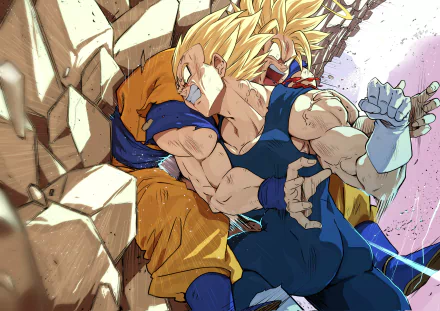 Dynamic 4K Ultra HD anime wallpaper featuring Goku and Vegeta from Dragon Ball in intense combat, showcasing vibrant colors and detailed character art.