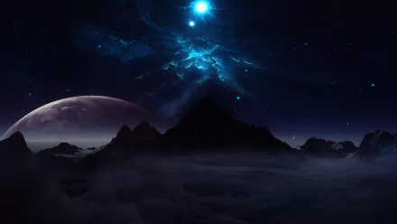 A sci-fi 4K Ultra HD landscape of a mountain silhouette under a starry sky with glowing clouds and a distant planet.