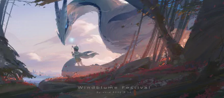 HD desktop wallpaper from Genshin Impact featuring Venti and Dvalin celebrating the Windblume Festival, set in a whimsical landscape.