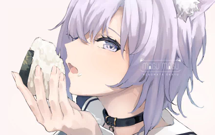 4K Ultra HD anime wallpaper featuring Nekomata Okayu, a Virtual YouTuber, with silver hair and blue eyes, holding a rice ball close to her face.