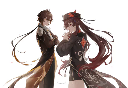 HD PC desktop wallpaper of Genshin Impact characters Zhongli and Hu Tao, detailed anime-style portrait showing both in elegant poses with a video game-themed background.