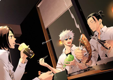 HD anime desktop wallpaper featuring Satoru Gojo and friends from Jujutsu Kaisen enjoying a meal together in a warm, casual setting.