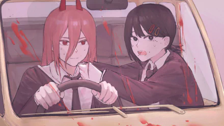 HD wallpaper featuring Power and Kobeni Higashiyama from Chainsaw Man driving a car, with both characters in anime style.