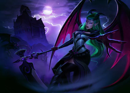 Evelynn (League of Legends) — purple-lit demoness with bat-like wings and scythe looming before a lightning-struck castle; 5K Ultra HD PC desktop wallpaper from the video game League of Legends.