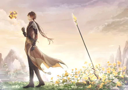 HD PC desktop wallpaper featuring Zhongli from Genshin Impact with brown hair, standing in a field of flowers against a serene sky background.