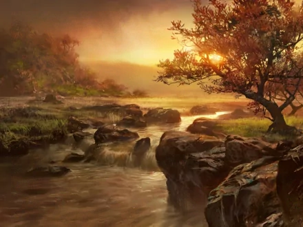 HD wallpaper of a serene landscape featuring a flowing river and a gentle waterfall. The scene is bathed in the warm glow of the setting sun, highlighting lush greenery and autumnal trees.
