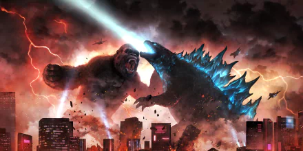 4K Ultra HD wallpaper featuring an epic battle between Godzilla and King Kong from the movie Godzilla vs Kong, set against a fiery cityscape background.