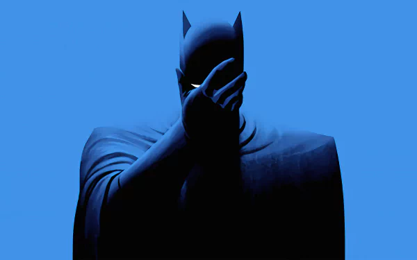 Batman from DC Comics stands against a blue background, depicted in a stylized 4K Ultra HD wallpaper inspired by Batman: The Animated Series TV show.