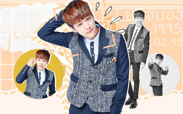HD desktop wallpaper featuring a collage of a member from iKON in different poses with a vibrant orange background.