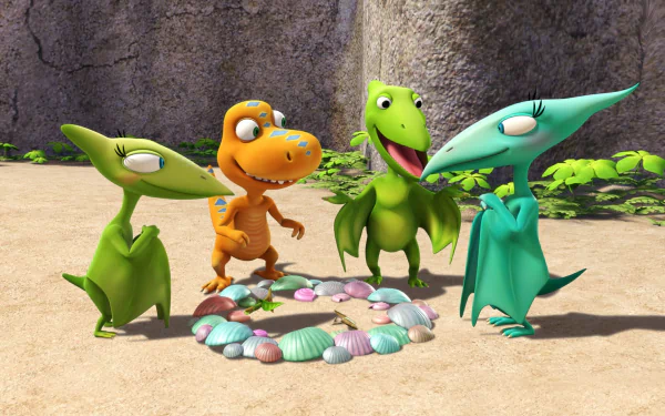 HD wallpaper of Dinosaur Train characters with colorful eggs, for desktop background.