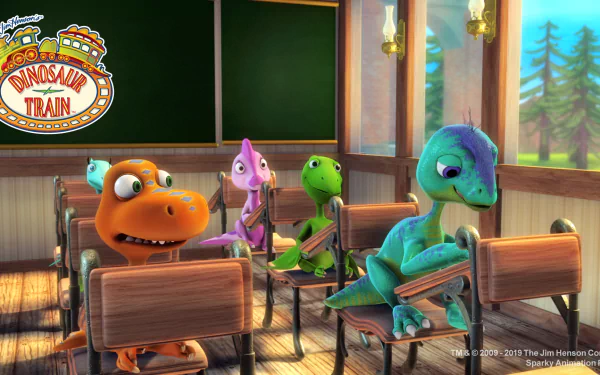 HD desktop wallpaper of Dinosaur Train characters sitting in a classroom, with the show's logo in the corner.