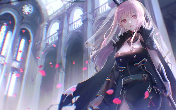 Anime character Mori Calliope with pink eyes and long pink hair stands elegantly in a grand hall, petals floating around her. This HD wallpaper features the Virtual YouTuber from Hololive.