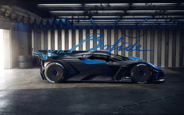 HD wallpaper of a Bugatti Bolide parked in an industrial garage with dramatic lighting and the Bolide logo spanning above.