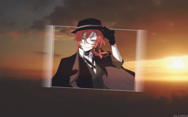 4K Ultra HD desktop wallpaper featuring Chuuya Nakahara from the anime Bungou Stray Dogs against a dramatic sunset background.