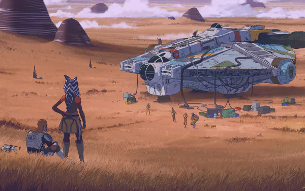 HD PC desktop wallpaper featuring Ahsoka Tano and a spaceship in a Star Wars sci-fi desert landscape with distant rock formations under a cloudy sky.